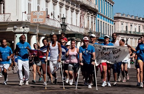 Cuban disabled people participate in the "Terry Fox Run", also known as the Marathon of Hope, in Havana on March 10, 2012. The race is held every year in over 50 countries to commemorate the anniversary of the death of the Canadian athlete and raise money for cancer research. AFP PHOTO/STR