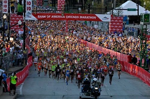 CHICAGO - OCTOBER 10: Thousands of runners participate in the Bank of America Chicago Marathon October 10, 2010 in Chicago, Illinois. Sammy Wanjiru of Kenya won the mens and Liliya Shobukhova of the Russian Federation won the womens. (Photo by Jim Prisching/Getty Images) ORG XMIT: 95898846