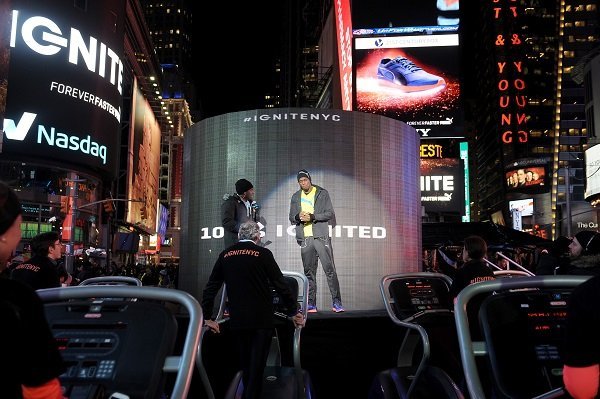 NEW YORK, NY - FEBRUARY 10:  Usain Bolt and New York City runners ignite Times Square to launch PUMA's most responsive running shoe, IGNITE, on February 10, 2015 in New York, New York.  (Photo by Brad Barket/Getty Images for PUMA)